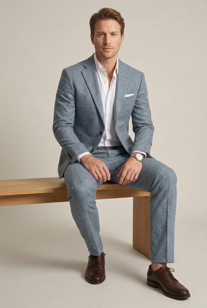 Classic men's black slim-fit business suit. Two-piece formal attire for sleek, professional men's fashion.