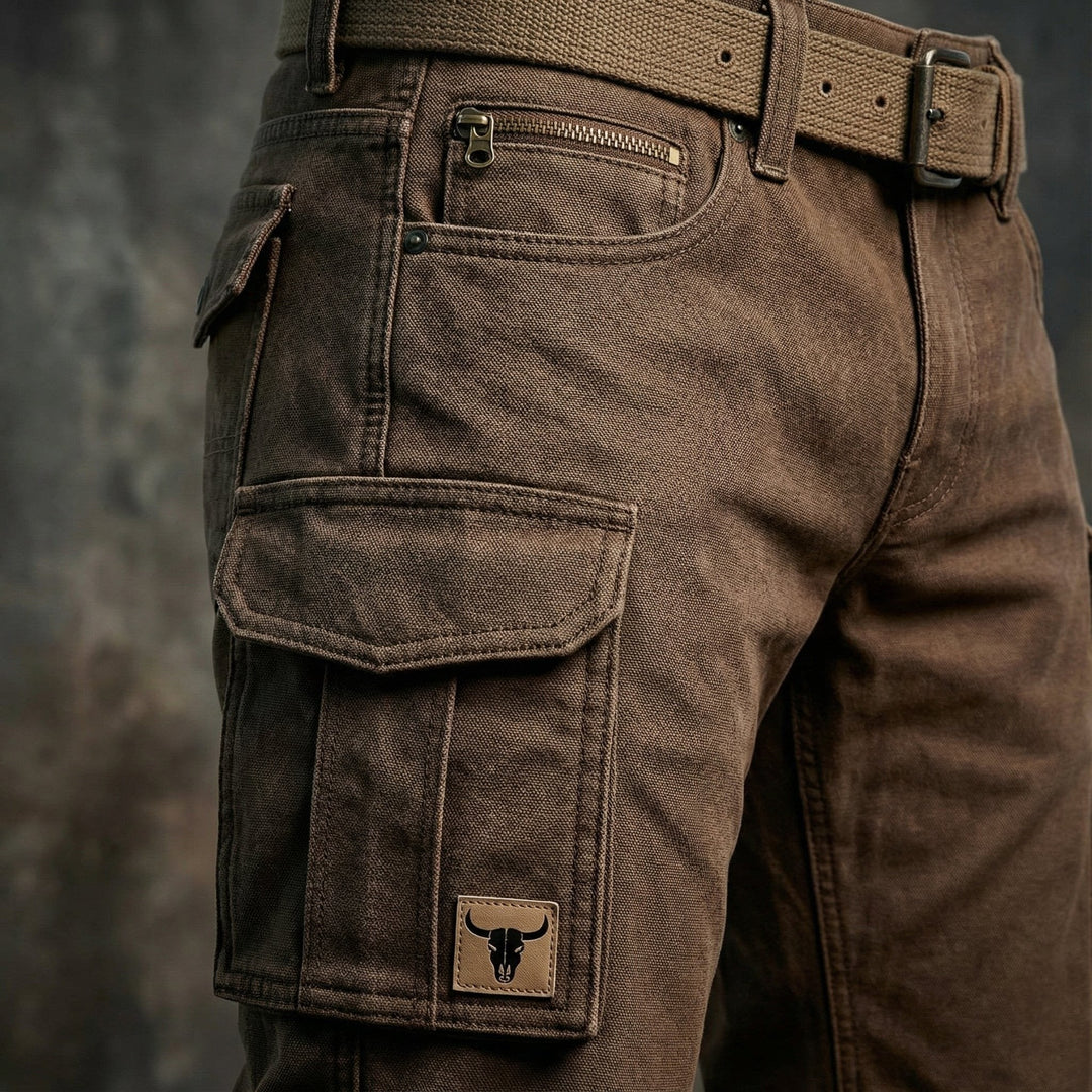 Men's slim fit brown cargo trousers with tapered leg & unique bull patch pockets, perfect for casual urban style.