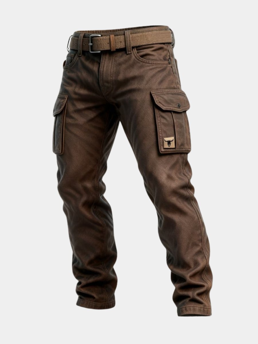 Slim tapered men's cargo pants in brown, featuring functional patch pockets for everyday casual wear & outdoor adventures.