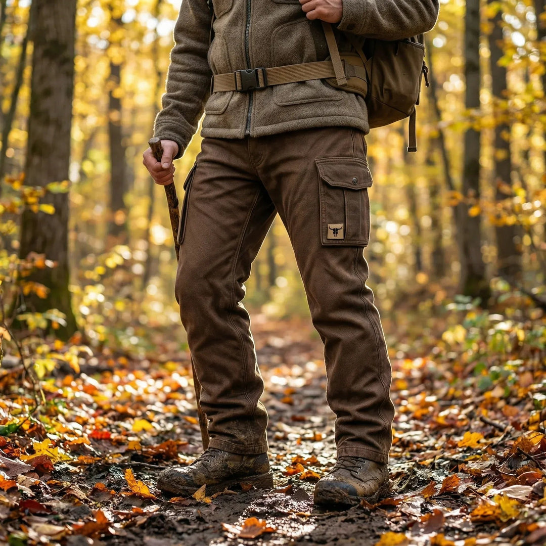 Stylish men's brown slim fit tapered cargo trousers with patch pockets, suitable for urban street style & casual outfits.