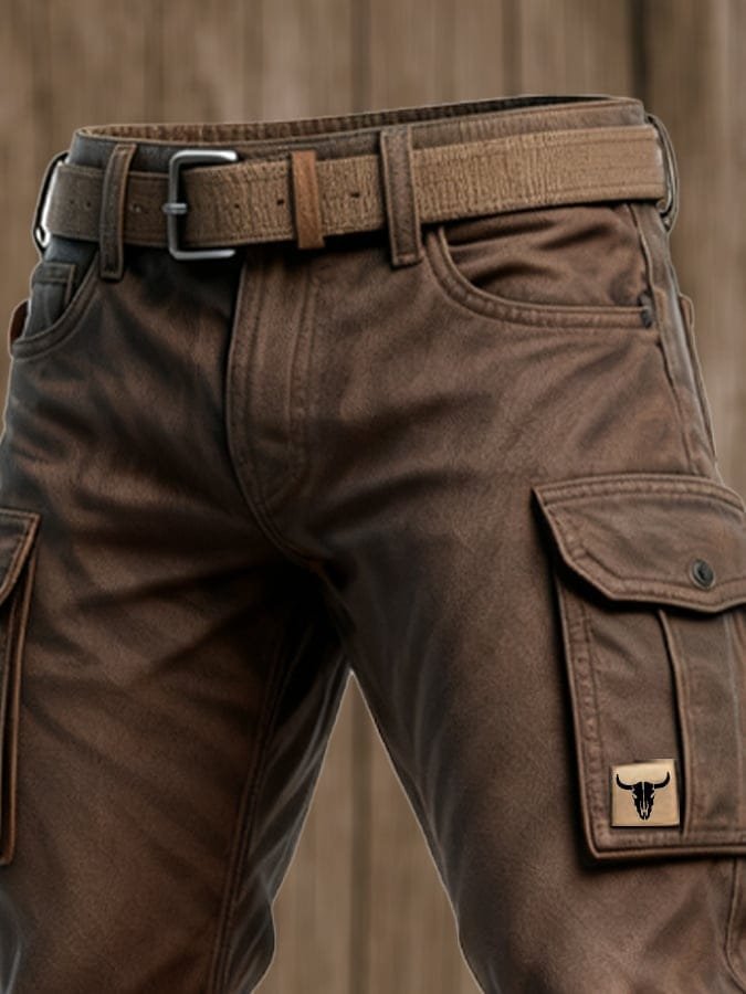 Functional men's slim tapered cargo pants in brown with durable patch pockets, great for everyday casual and outdoor use.