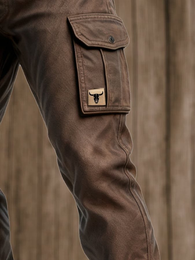 Men's brown slim fit tapered cargo bottoms with practical bull patch pockets, a versatile choice for modern casual fashion.