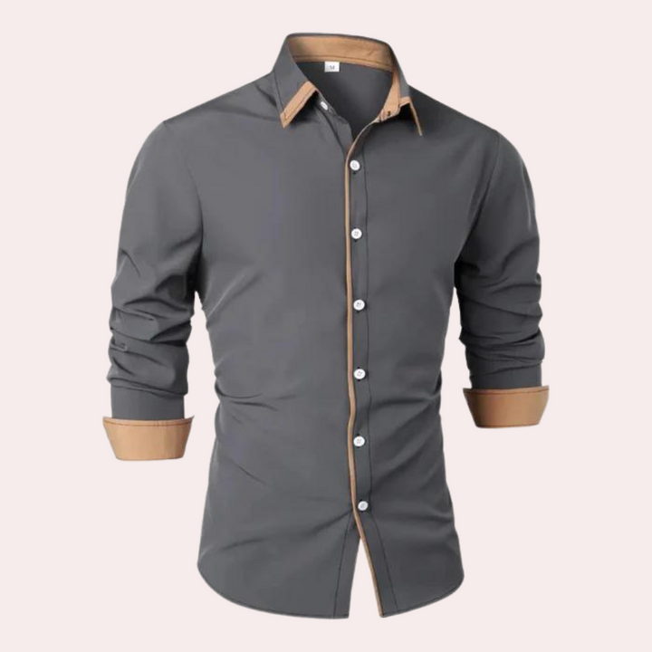 Professional men's formal shirt: slim fit, long sleeve, prominent contrast collar. Ideal for smart casual & office attire.