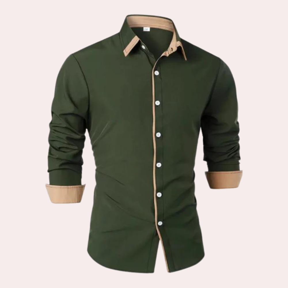 Elegant men's fashion slim fit shirt. Features a unique contrast collar & long sleeves, suitable for business and events.