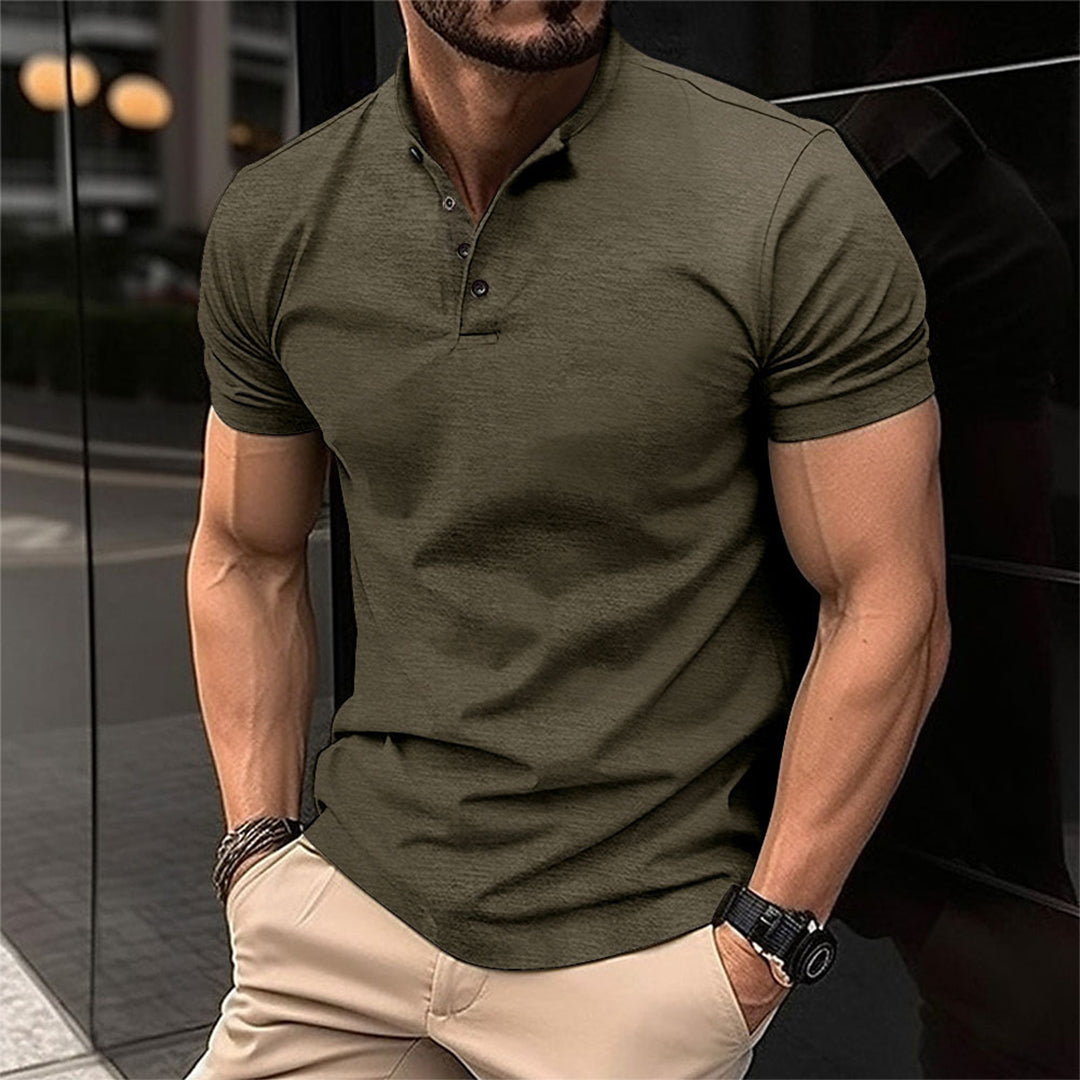 Stylish men's slim fit polo with a classic button neck. Perfect for a refined casual or smart casual look.