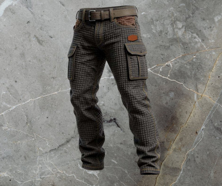 Close-up of black men's slim fit cargo trousers showing geometric textured pattern and practical side pockets.