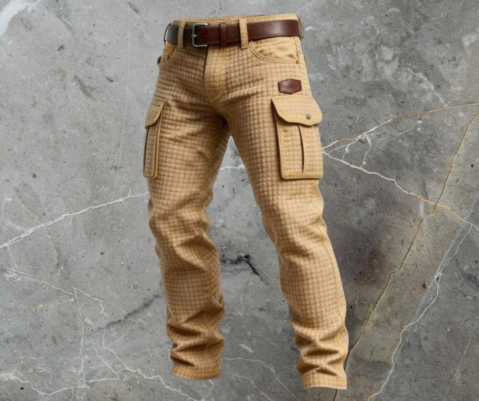 Versatile brown men's cargo trousers, slim fit with a unique textured pattern, ideal for modern casual outfits.