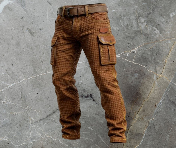 Stylish beige utility cargo trousers for men, featuring a slim fit, distinctive textured fabric, and multiple pockets.