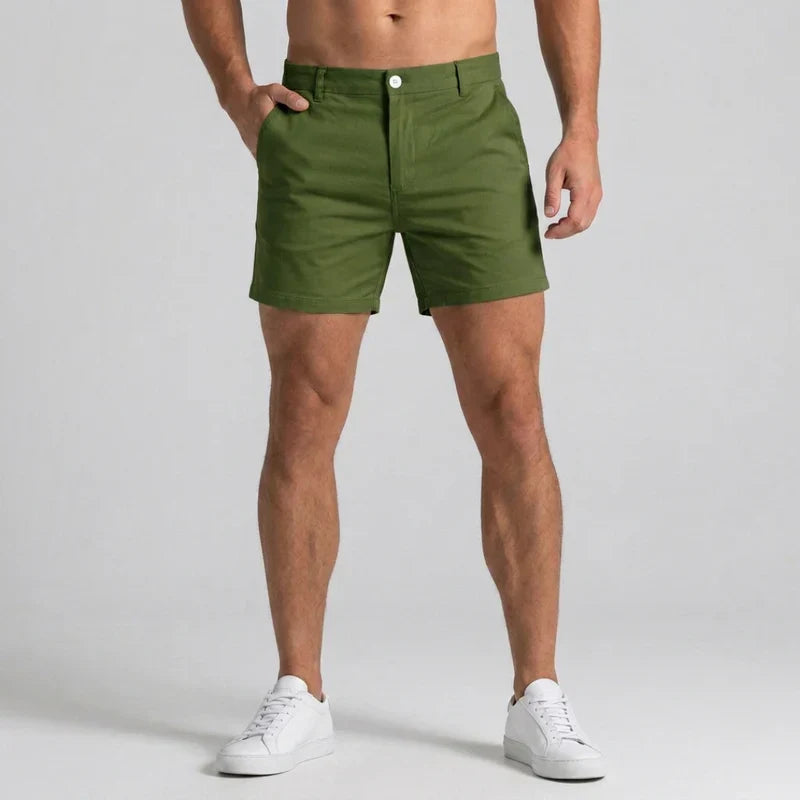 Stylish men's tailored chino shorts, slim fit for smart casual summer fashion and everyday wear.