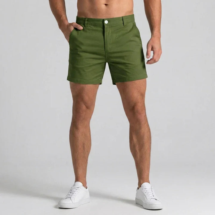 Stylish men's tailored chino shorts, slim fit for smart casual summer fashion and everyday wear.