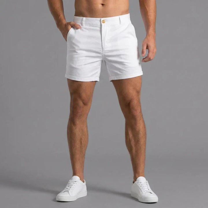 High-quality men's tailored chino shorts, slim fit, designed for comfort & modern summer style.