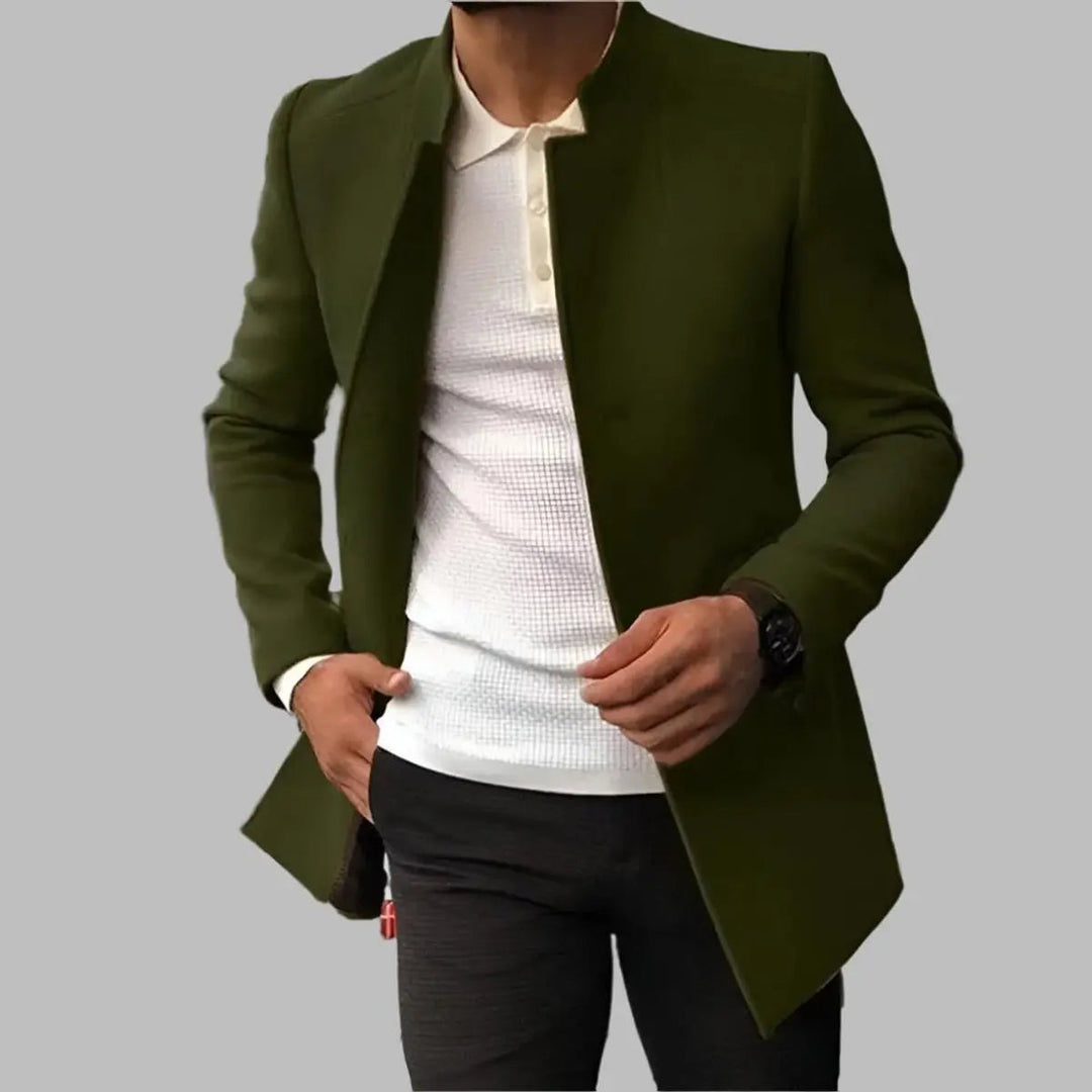 Men's slim-fit collarless smart overcoat, tailored for modern style and versatile formal or business casual wear.