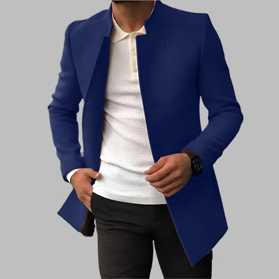 Stylish men's slim-fit overcoat. This collarless tailored smart outerwear is perfect for a modern winter look.