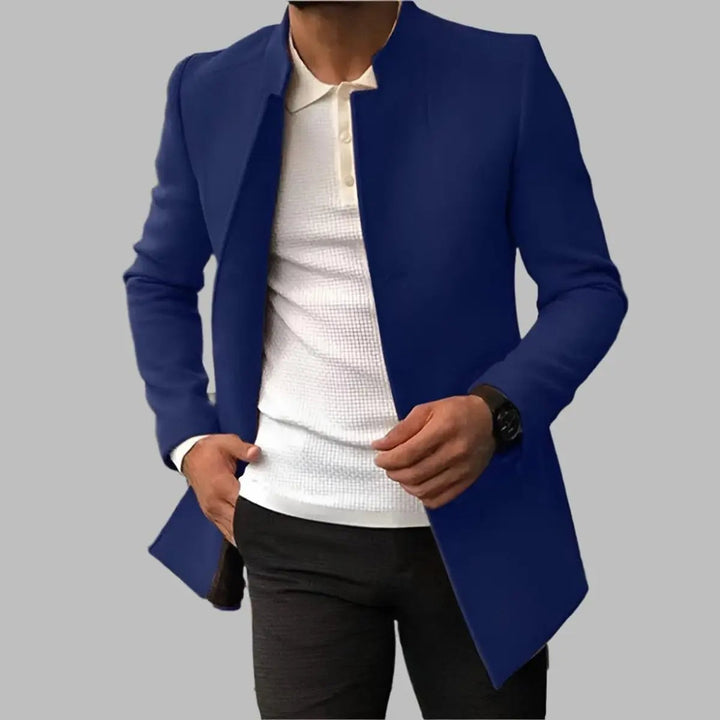 Stylish men's slim-fit overcoat. This collarless tailored smart outerwear is perfect for a modern winter look.