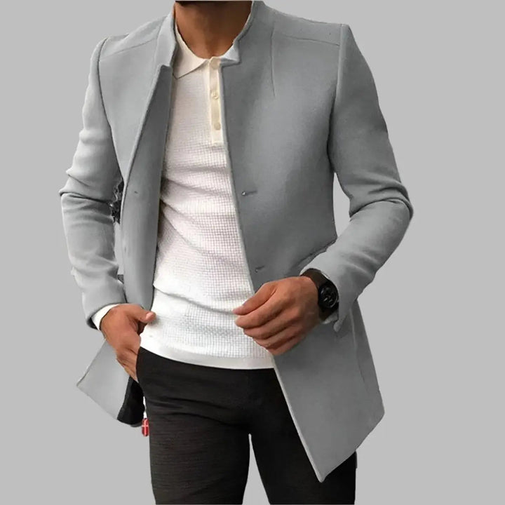 Versatile men's collarless slim-fit overcoat, a smart tailored winter jacket for contemporary formal fashion.