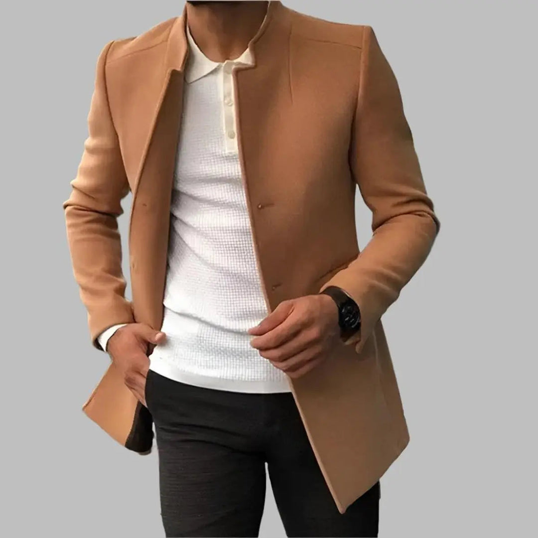 Tailored men's smart slim-fit overcoat, a collarless winter jacket offering a sleek, modern, and formal style.