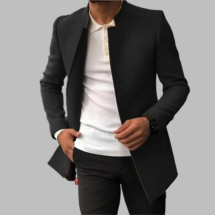Modern men's slim-fit collarless overcoat. This smart outerwear provides a tailored, stylish winter jacket option.