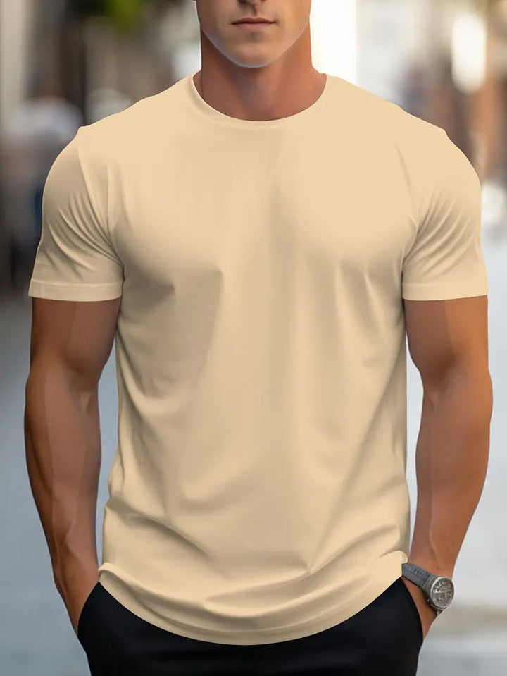 Stylish men's slim fit crew neck tee, a modern short sleeve essential for casual menswear.