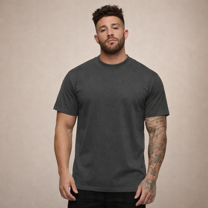 Close-up of men's slim fit crew neck t-shirt texture, highlighting soft cotton.