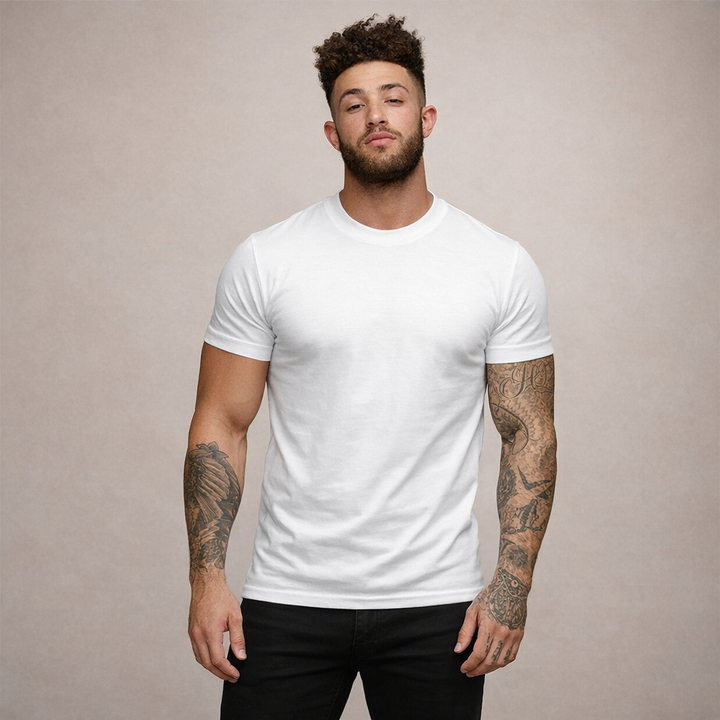 Man wearing a grey slim fit crew neck t-shirt, showcasing its modern fit & style.