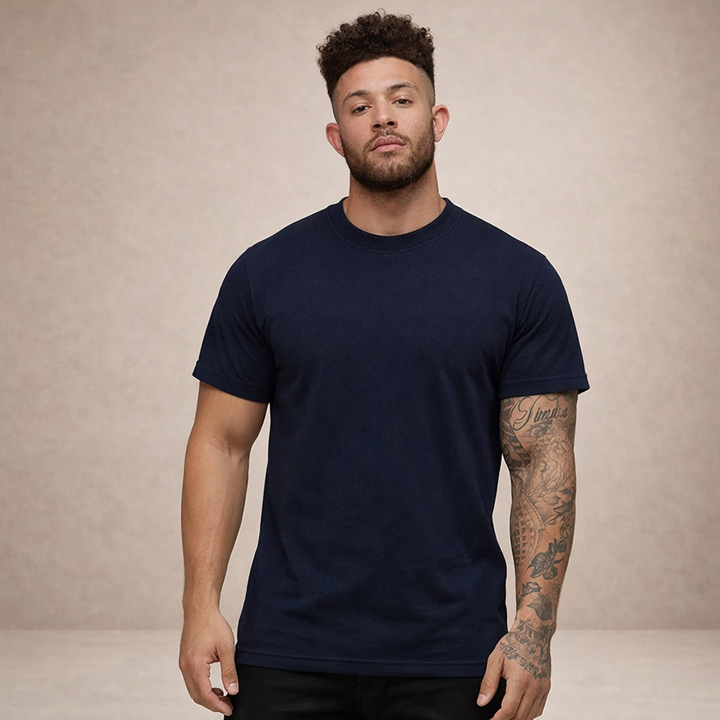 Black slim fit crew neck men's tee, a comfortable and stylish modern wardrobe staple.