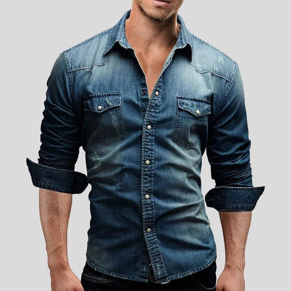 Versatile men's classic denim long sleeve button-up shirt, a stylish slim fit casual overshirt for men's fashion.
