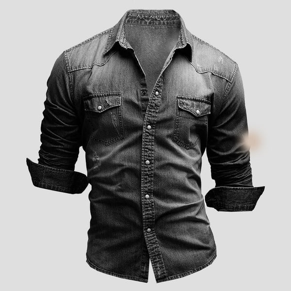 Classic men's long sleeve denim shirt, featuring a slim fit and button-up design, ideal as a casual men's overshirt.