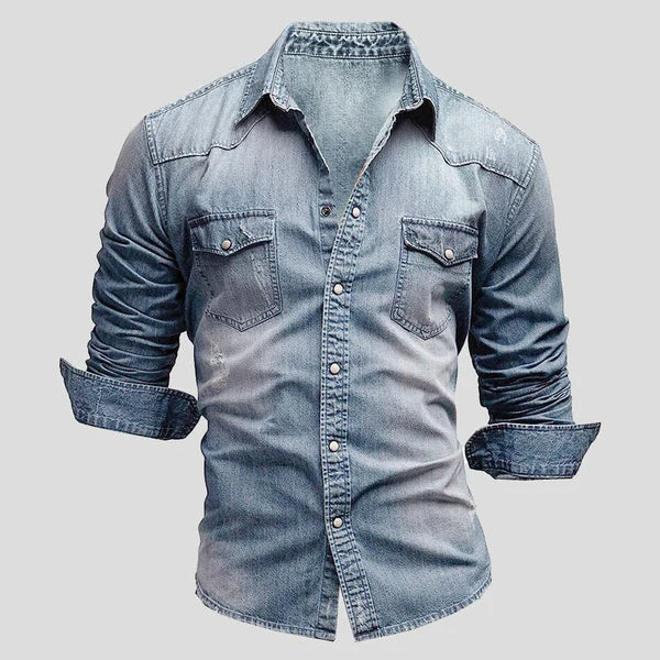 Stylish men's slim fit long sleeve denim shirt. Button-up front, perfect as a versatile casual top for men's fashion.