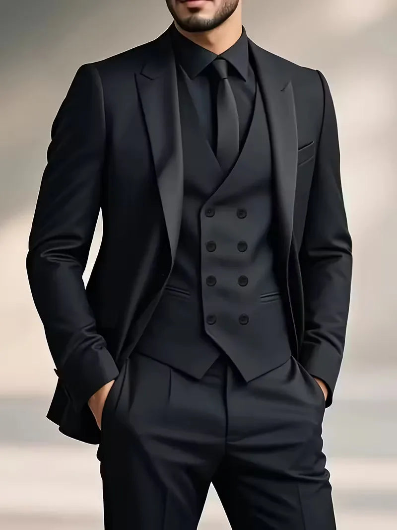 Men's slim fit double-breasted three-piece suit set for formal events and business attire.