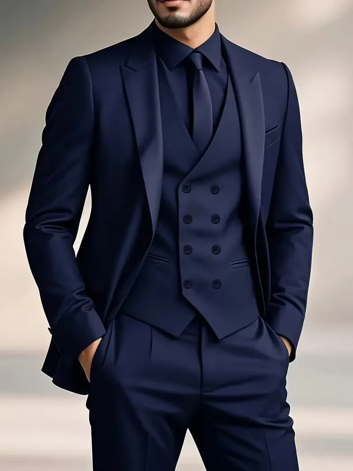 Sharp men's slim fit double-breasted suit with matching waistcoat for wedding guests.