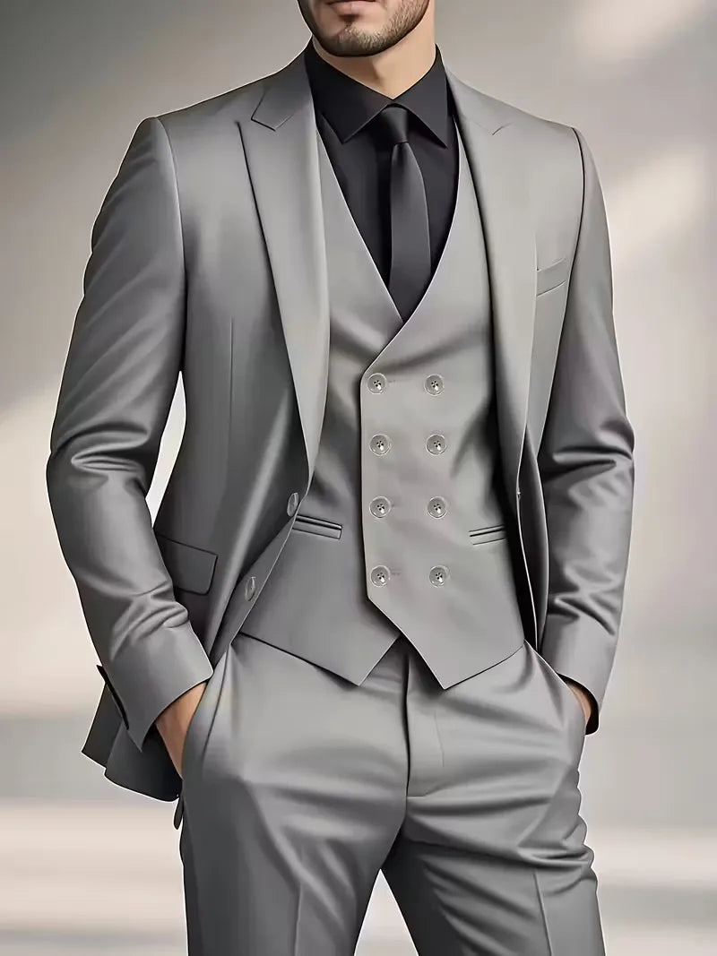 Men's fashionable three-piece suit, slim fit with a double-breasted jacket for elegance.