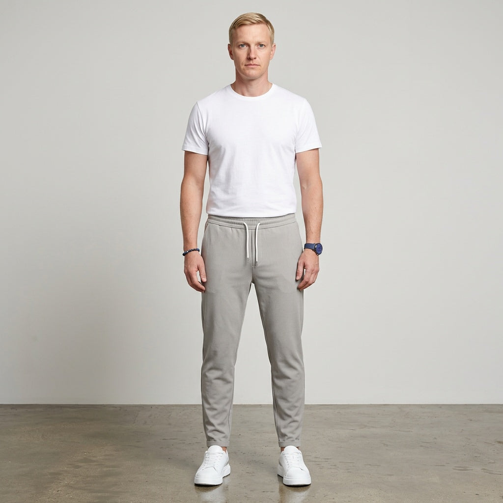 Men's slim fit drawstring trousers in black for everyday comfort and versatile casual wear.