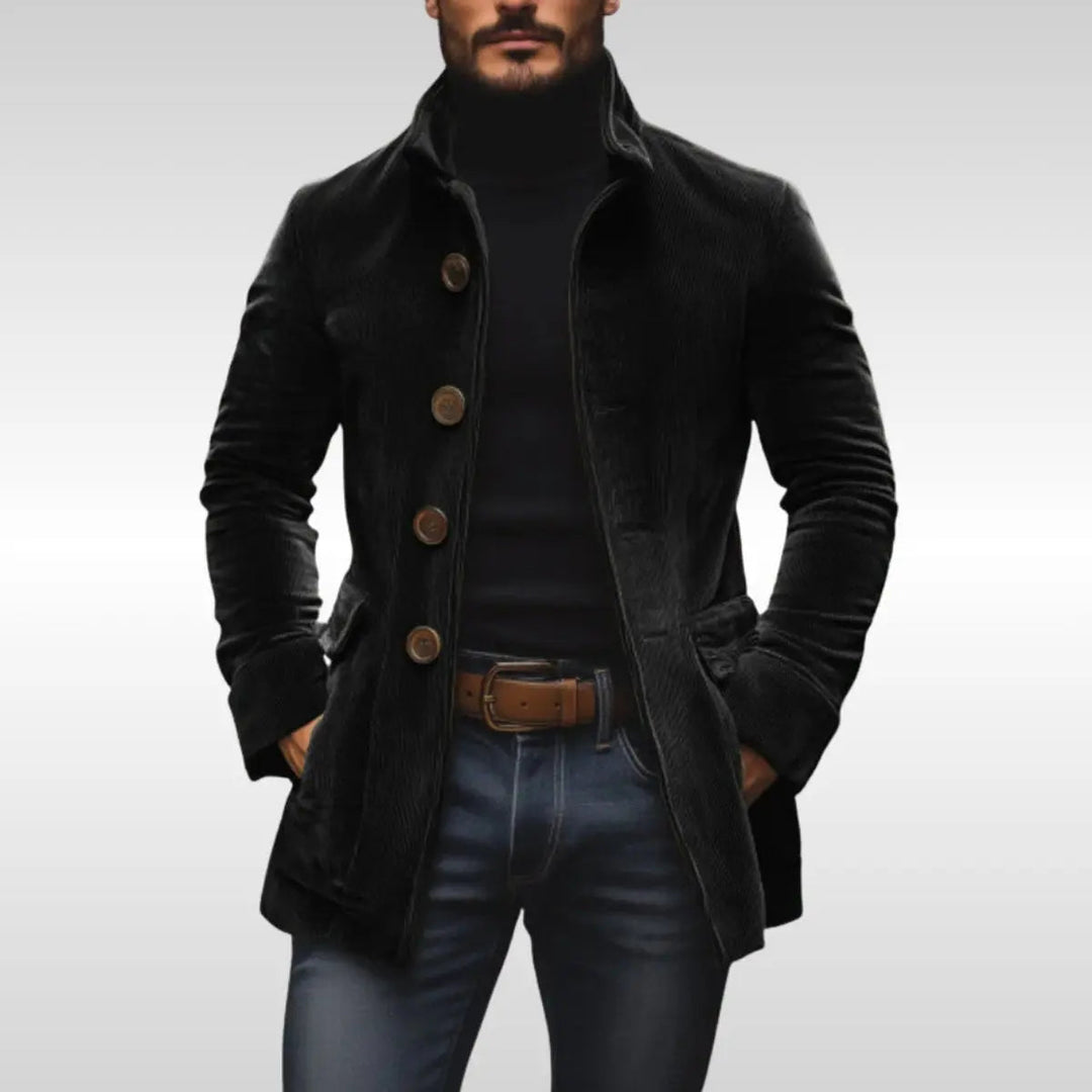 Stylish men's black slim-fit jacket with stand collar & button-up front. Ideal casual & smart casual outerwear.