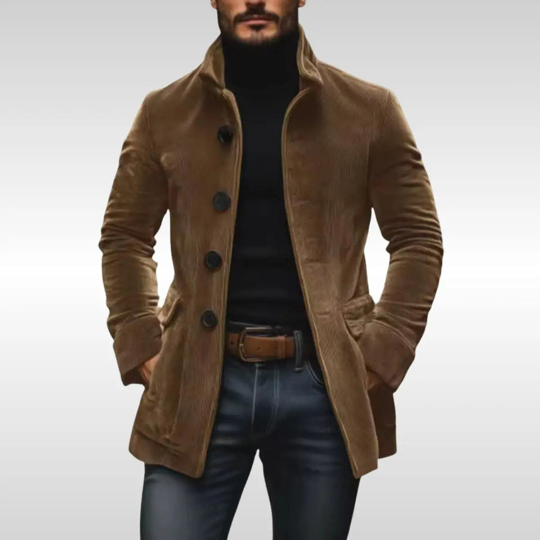 Light brown men's slim-fit stand-collar jacket with button-up closure. Versatile autumn & winter fashion outerwear.
