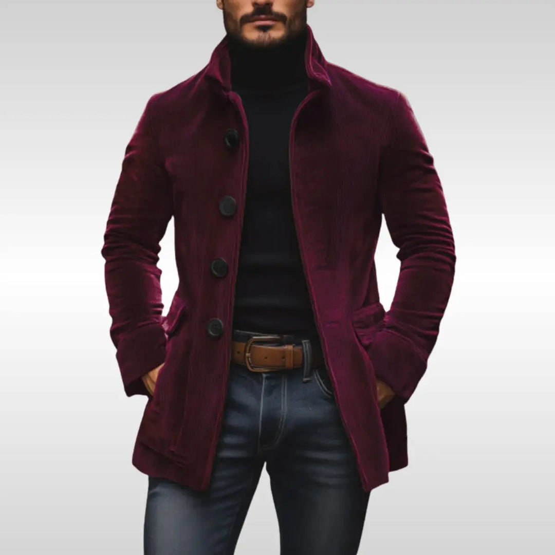 Burgundy men's slim-fit button-up jacket, a sleek stand-collar design for stylish casual & smart winter wear.