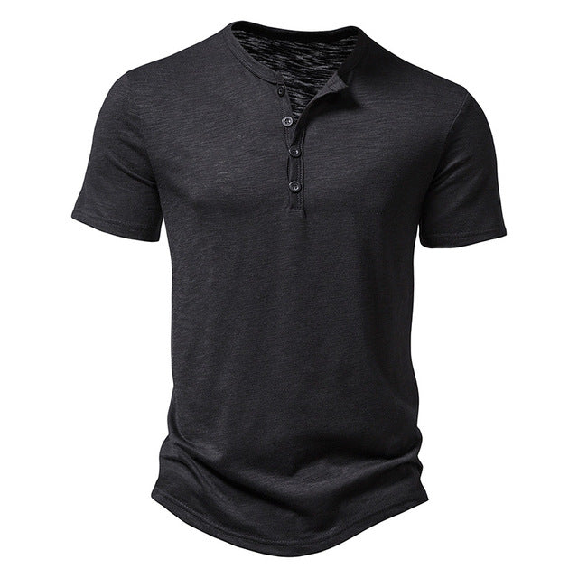 Men's slim fit Henley t-shirt with button collar, short sleeves, perfect for casual everyday comfort and summer style.