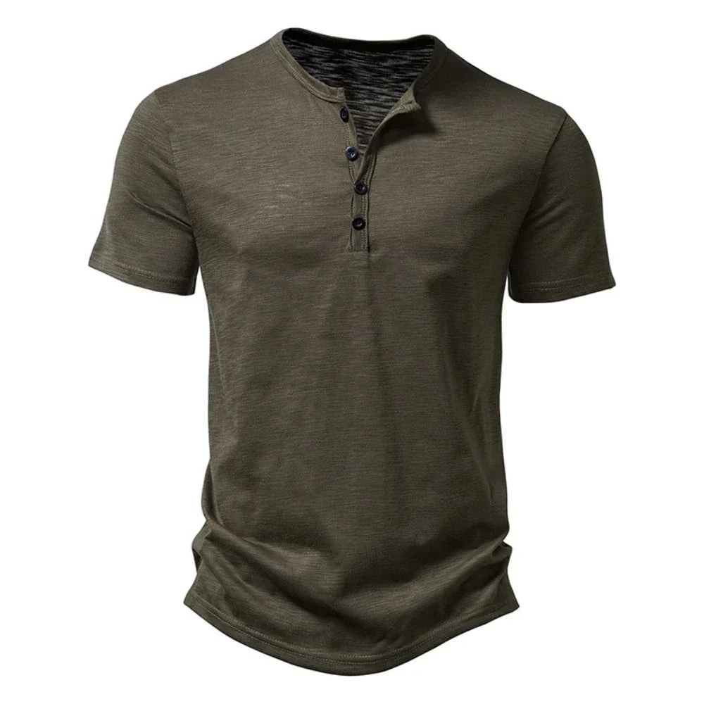 Casual men's Henley short sleeve top, featuring a button collar and slim fit, ideal for versatile summer fashion.