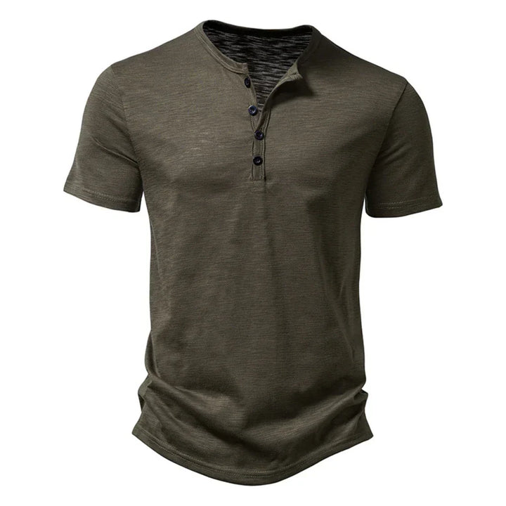 Casual men's Henley short sleeve top, featuring a button collar and slim fit, ideal for versatile summer fashion.