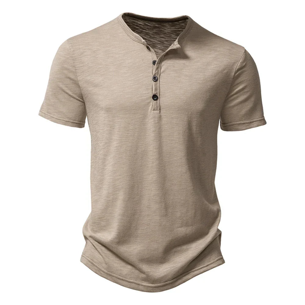 Classic men's short sleeve Henley t-shirt with a stylish button collar, designed for a modern slim fit casual look.