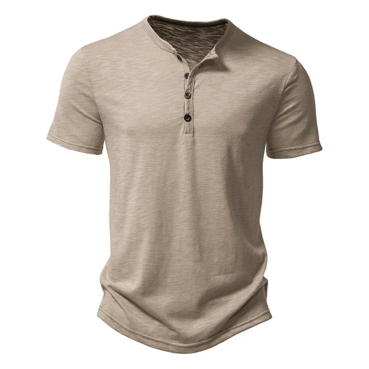 Classic men's short sleeve Henley t-shirt with a stylish button collar, designed for a modern slim fit casual look.