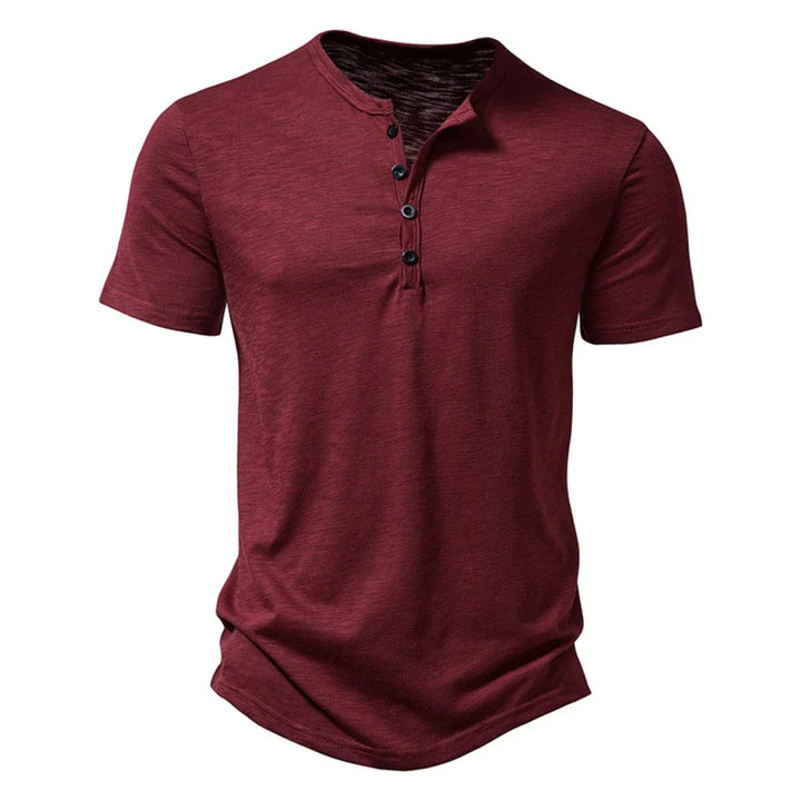 Versatile men's Henley top, a casual slim fit t-shirt with button collar, essential for everyday men's fashion.