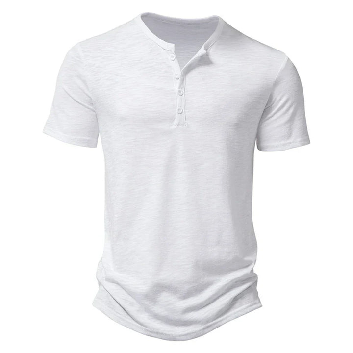Comfortable men's short sleeve Henley t-shirt, slim fit with button collar, great for casual wear and summer days.