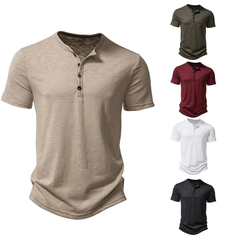 Men's Henley T-Shirt: Casual slim fit short sleeve top with a distinct button collar, a modern men's fashion essential.