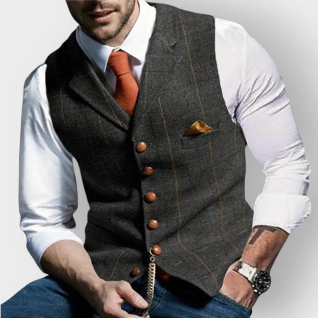 Men's slim fit herringbone gilet waistcoat, button-up vest for smart casual or formal wear.