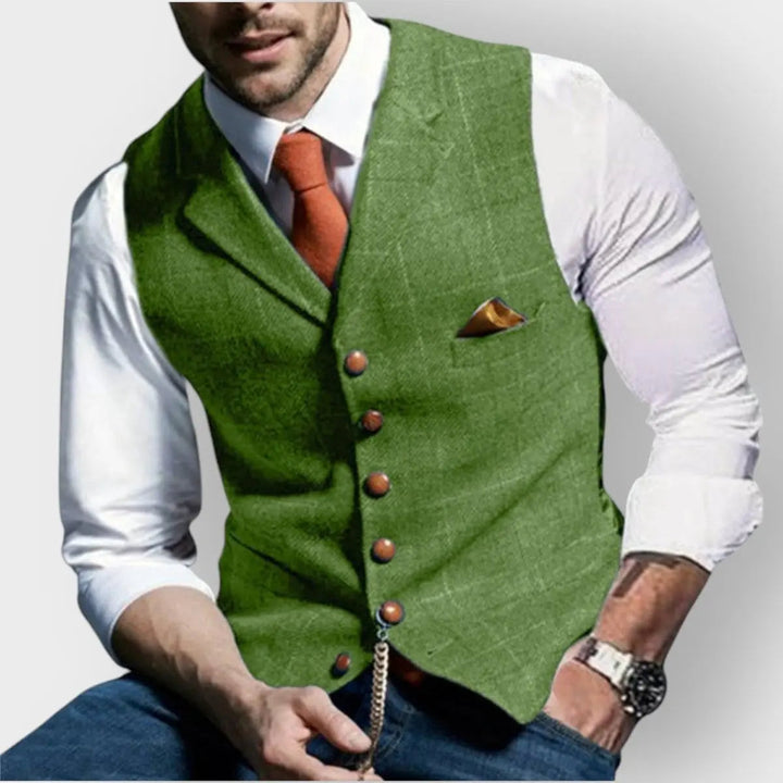 Formal men's slim fit herringbone button-up vest, a sleek waistcoat gilet for smart casual elegance.