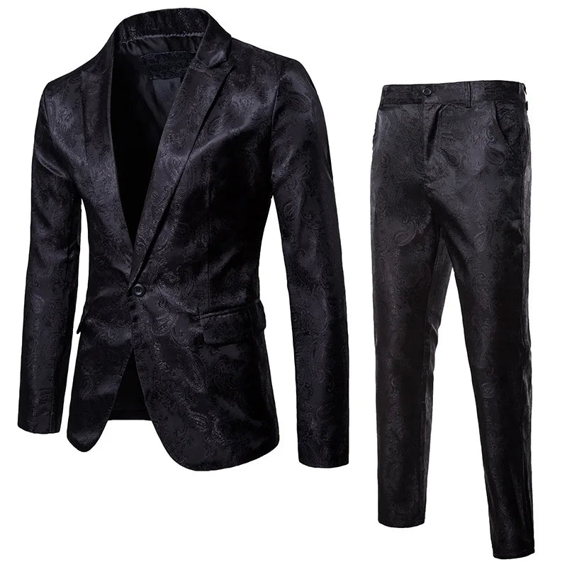 Men's slim fit jacquard suit set with elegant blazer & trousers, perfect for formal events & weddings.