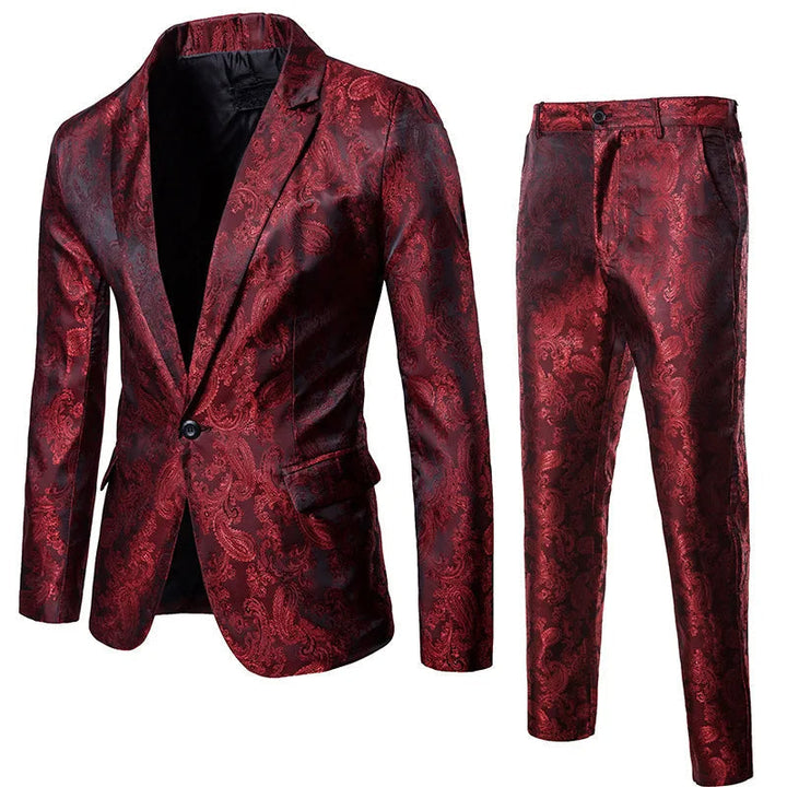 Stylish men's slim fit jacquard suit, featuring a formal blazer & trousers, excellent for party wear & events.