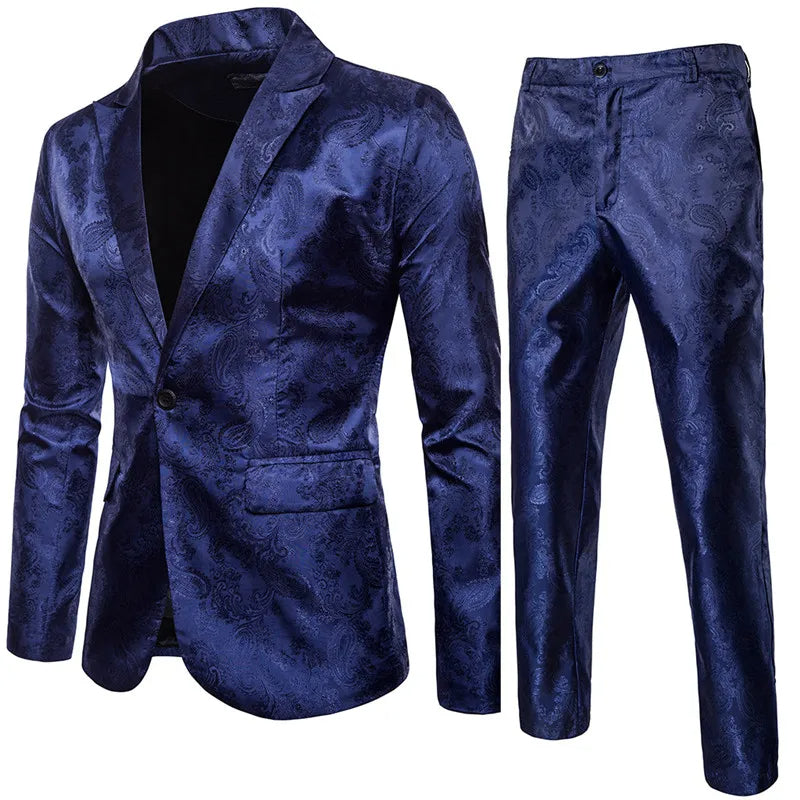 Complete men's slim fit jacquard suit set: elegant formal blazer and matching trousers for a sharp, modern look.