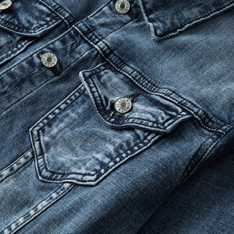 New men's biker style slim fit denim jacket in light blue, ideal for spring or autumn urban wear.