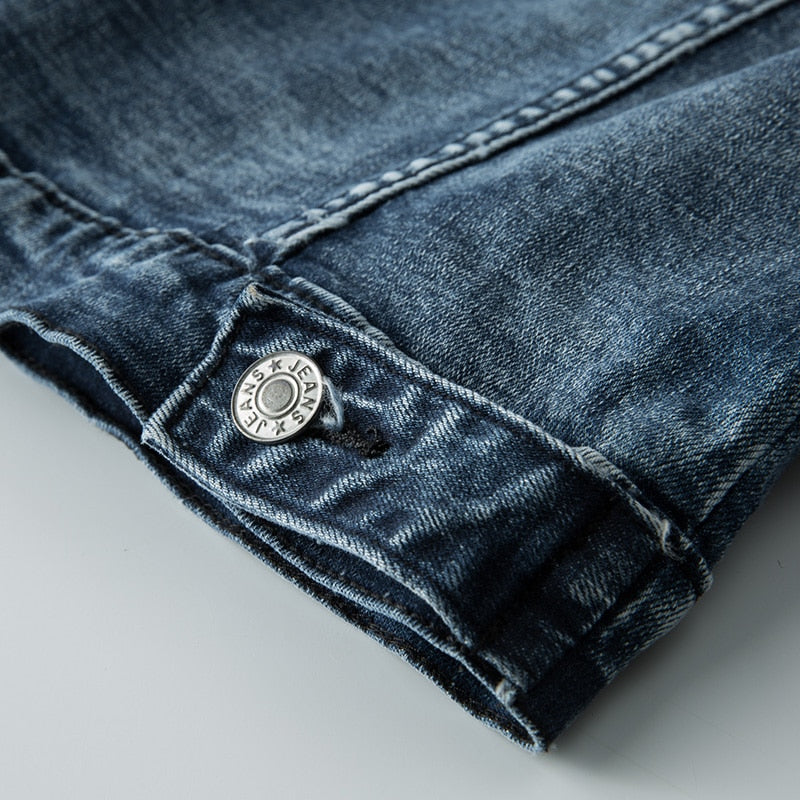 Urban edge men's slim fit denim jacket, light blue for a casual streetwear biker aesthetic.